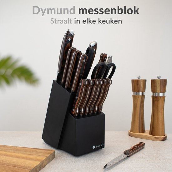 Dymund - Messerblock - 13 Messer/1 Wetzstahl/1 Küchenschere - Langlebig - Universal - Schwarz