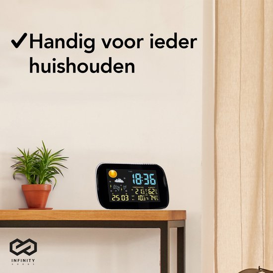 Infinity Goods Wetterstation - Wettervorhersage - Hygrometer - Innen und Außen - Temperatur - Luftfeuchtigkeit - Kabelloser Außensensor - 100M Reichweite - Schwarz