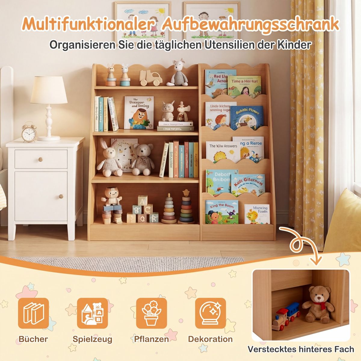 Coast Kinderbücherregal – 4 offene Fächer – verstecktes Staufach – Holz – naturfarben