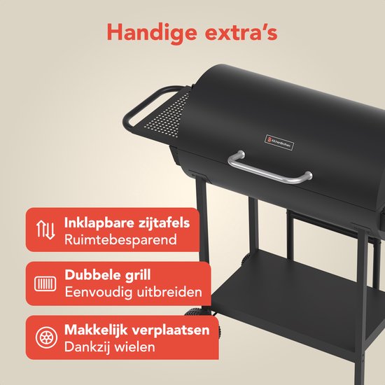 KitchenBrothers 2-in-1 Charcoal BBQ XL - Einstellbare Lüftungsschlitze - Doppel-BBQ - Beistelltische - Grillrost BBQ - Schwarz