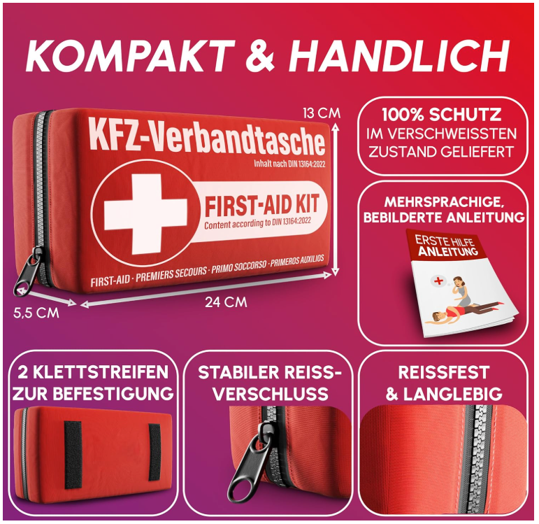 HELDENWERK - Erste-Hilfe-Kasten & Verbandskasten Auto - DIN 13164:2022 Standard - Rotes wasserabweisendes Nylon - Inklusive Atemtücher & Masken - Für Auto & Motorrad - Kompakt & Sicher
