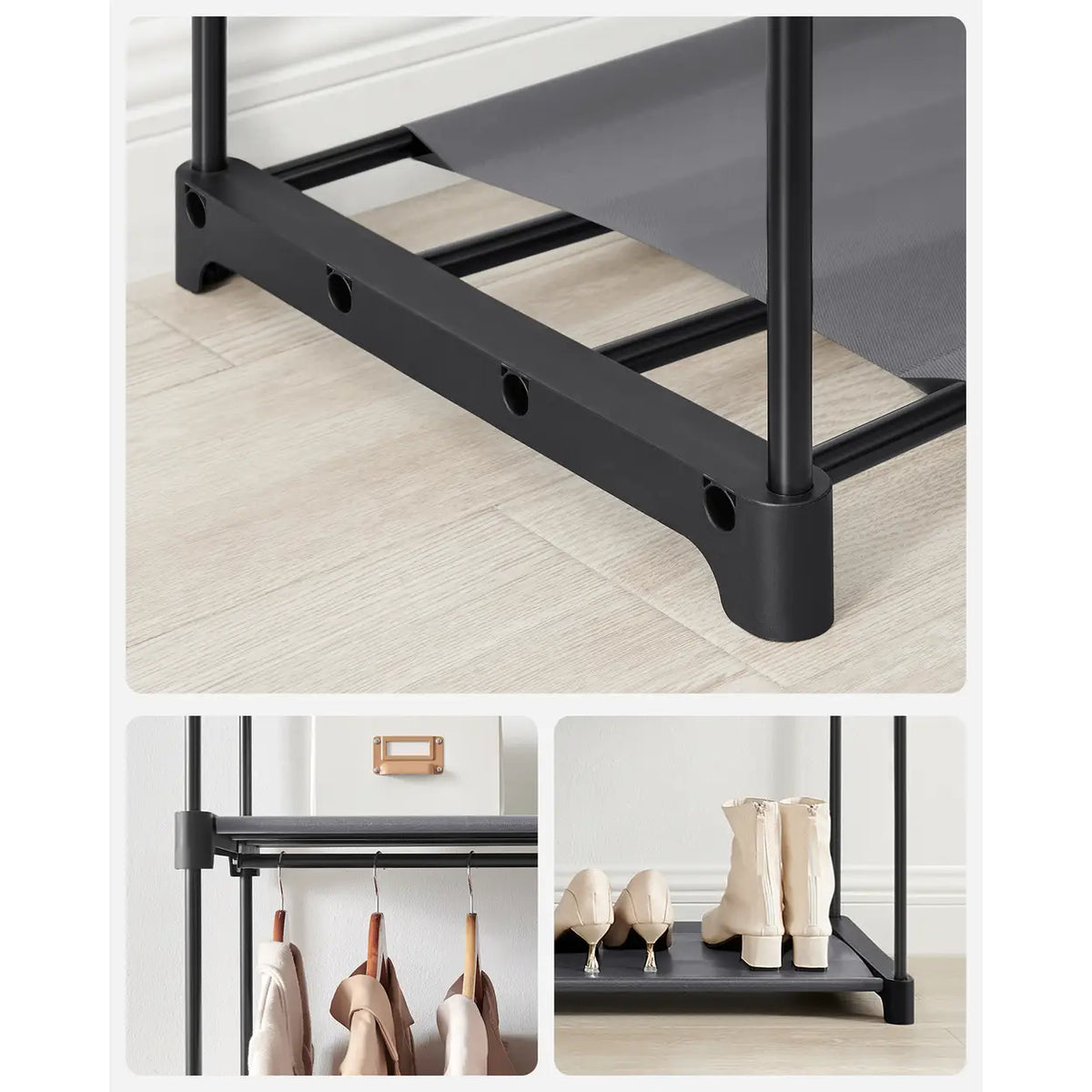 Joyfurnos Faltbarer Stoffkleiderschrank mit doppelter Kleiderstange – 2 Türen – 43 x 140 x 174 cm – Grau