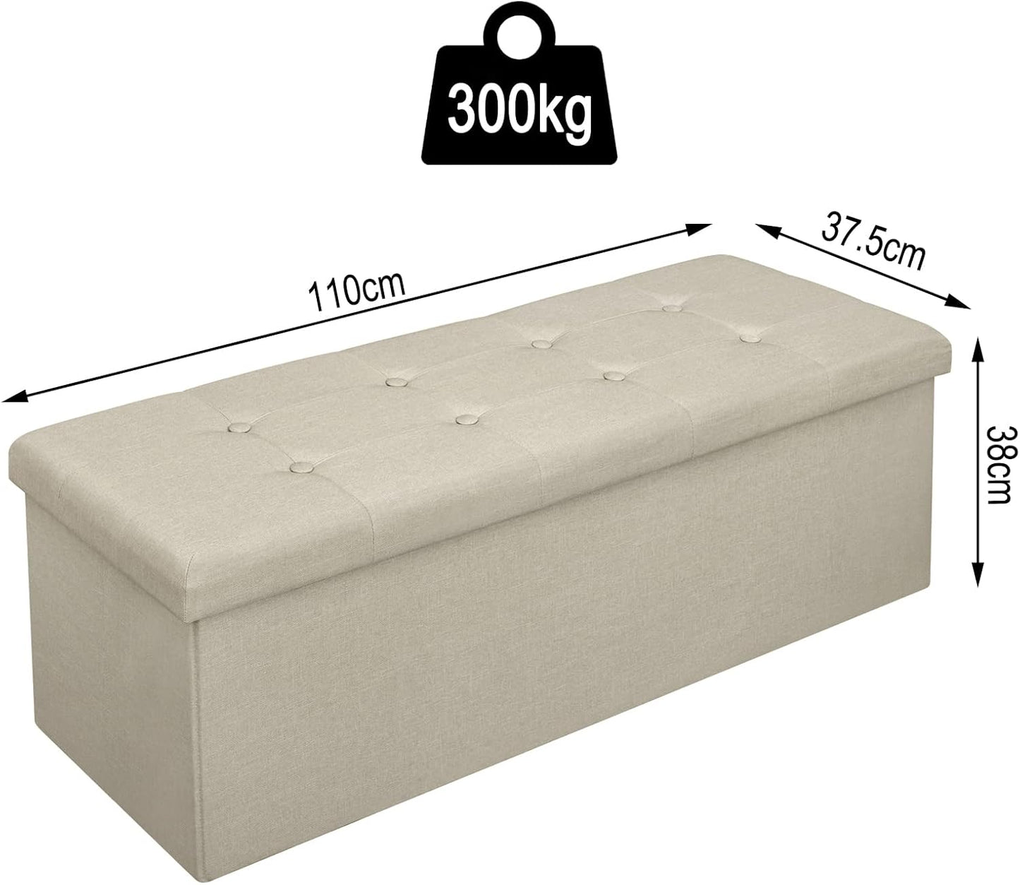 Woltu Klappbare Aufbewahrungsbank mit Stauraum – 118 Liter – 110 x 37,5 x 38 cm – Creme-weißes Leinen – Belastbar bis 300 kg