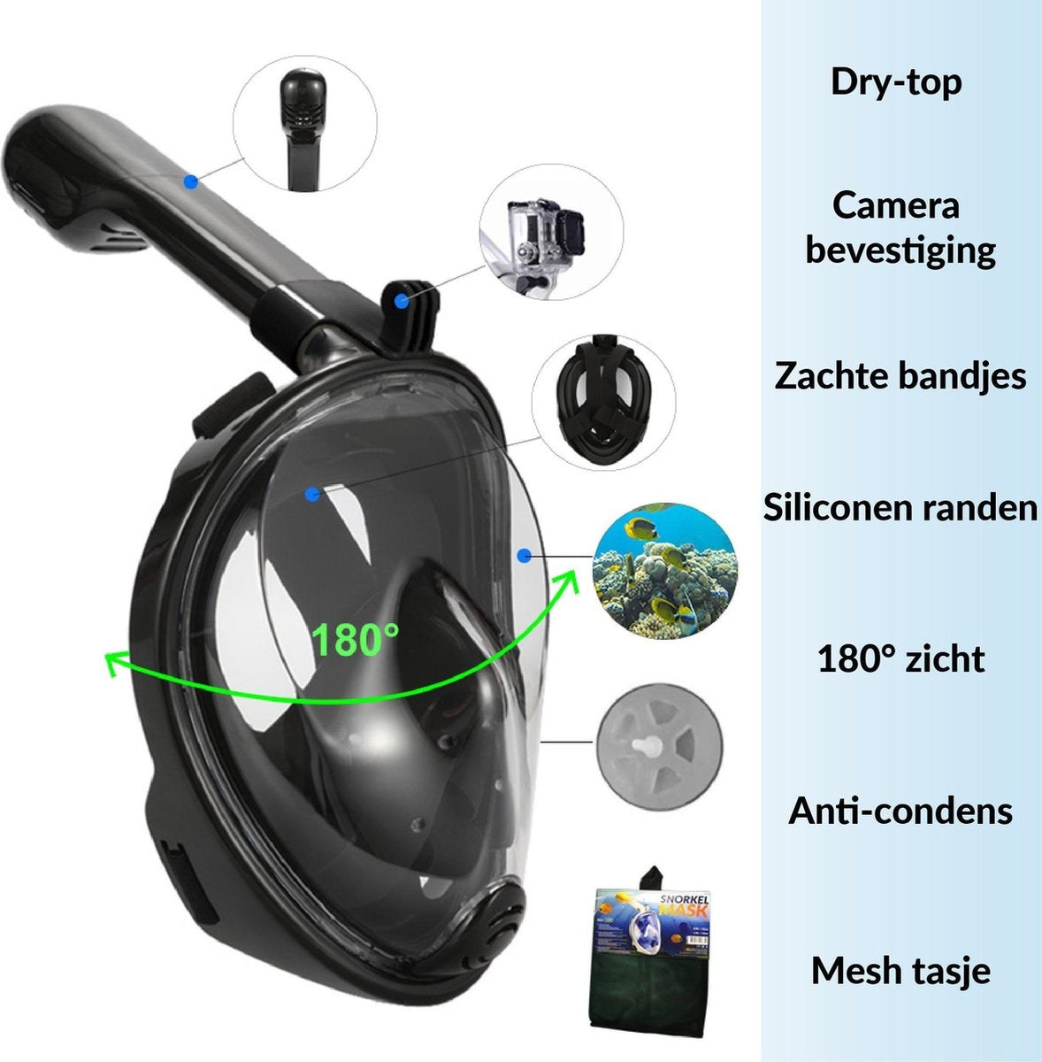 Gadgy Tauchmaske Full Face L/XL - Taucherbrille mit Schnorchel - Schnorchelset Erwachsene - Schwarz - Schnorchelmasken