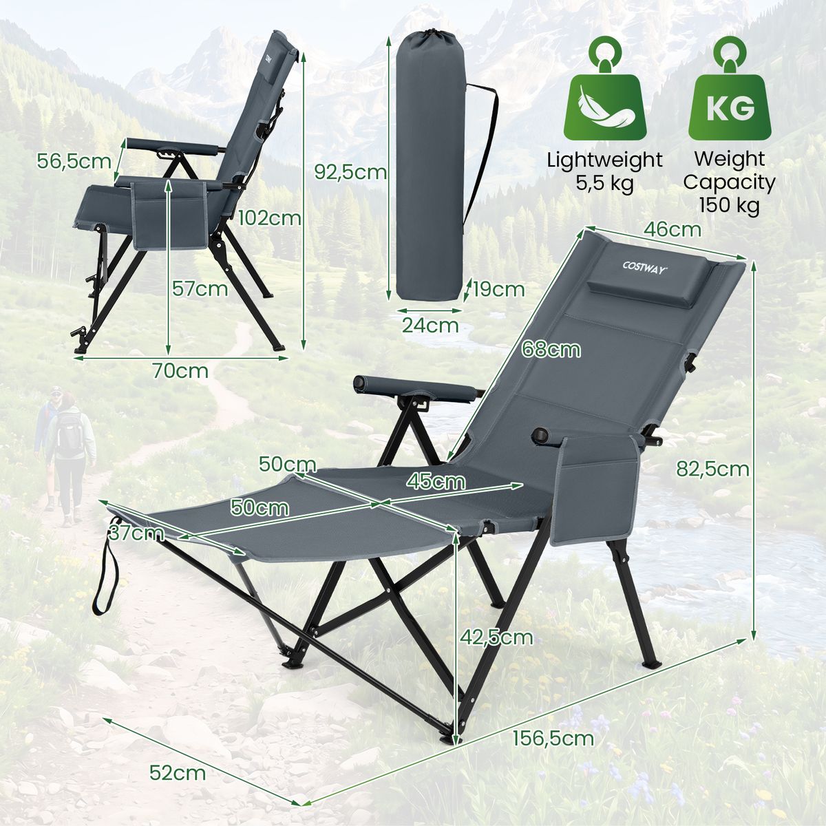 Coast Klappbarer Campingstuhl mit Fußstütze – 4-fach verstellbare Rückenlehne – Seitentasche und Kissen – grau