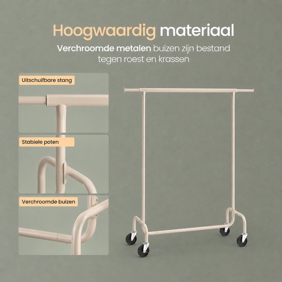 O'DADDY® Kleiderständer – Kleiderständer auf Rollen – Kleiderständer aus Metall - Kleiderständer - Kleiderständer - Garderobenständer - Kleiderstange - Kleiderständer - Ausziehbare Kleiderstange - Verstellbare Kleiderstange - Stabil bis 130 kg - Beige