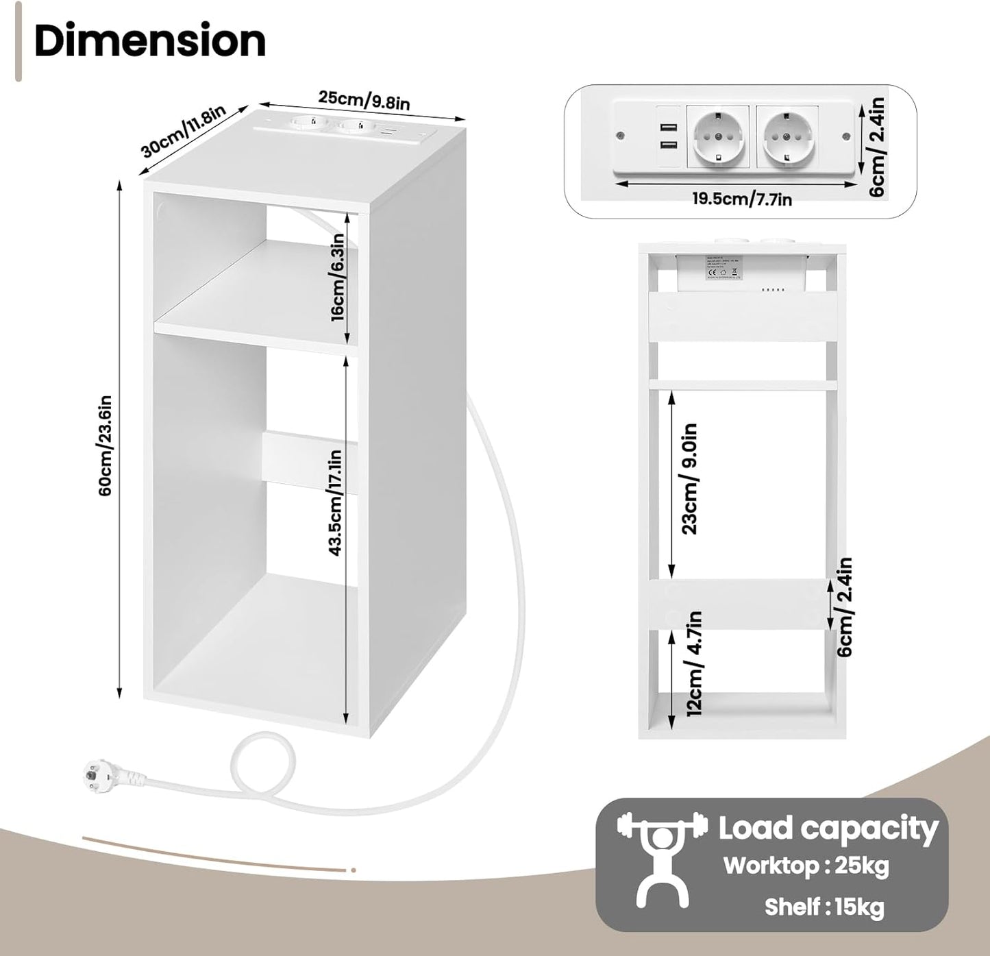 Woltu 2x Nachttisch mit USB und Steckdose - Weiß - 25 x 30 x 60 cm - Kompaktes und modernes Design