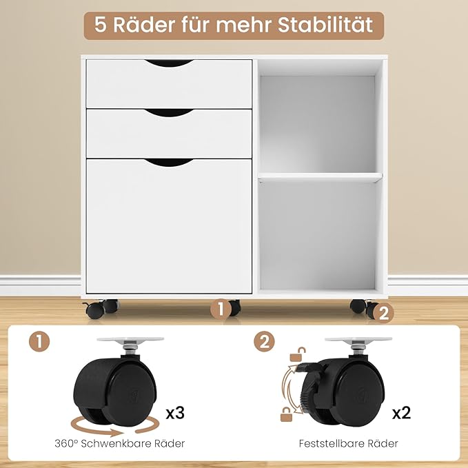 WOLTU ASK13ws Rollcontainer - mobiler Schubladenblock für das Büro - 3 Schubladen - weiß - 80 x 69,5 x 39,5 cm