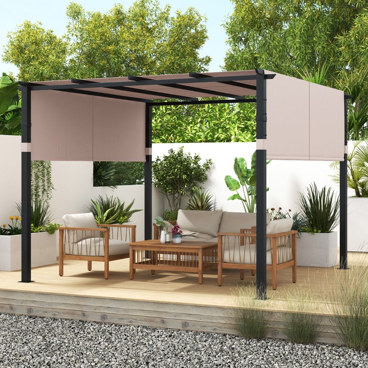 Coast Pergola - 305 x 305 cm - Beige - Flachdach und einziehbarer Sonnenschirm - Luxuriöse Metall-Gartenüberdachung mit 2 verstellbaren Sonnenschirmen
