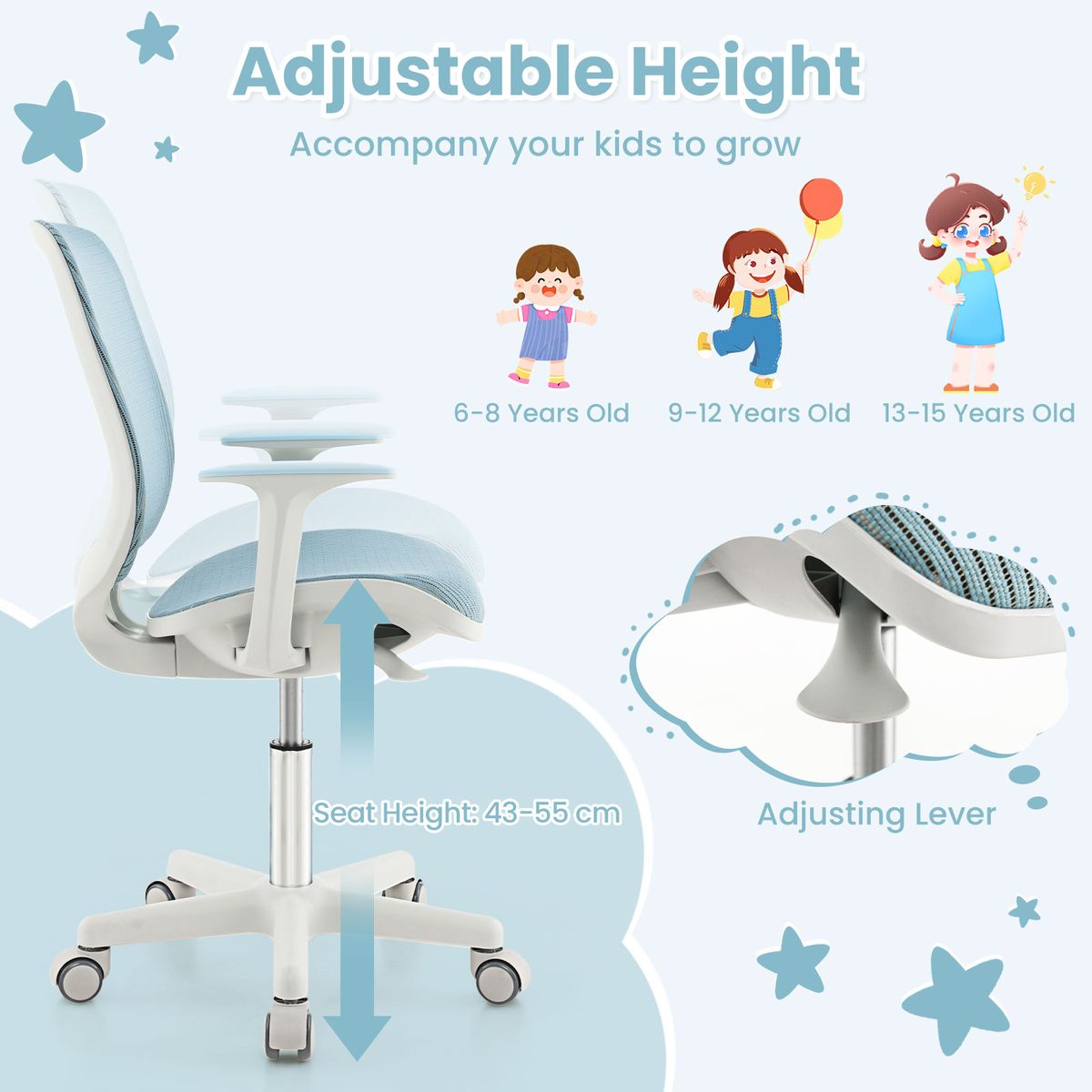 Coast Kinderdrehstuhl – höhenverstellbar – ergonomische Rückenlehne und Armlehnen – blau