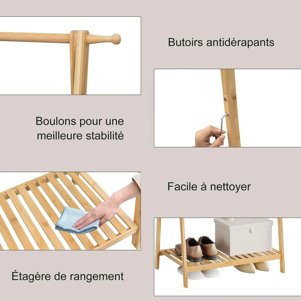 eSituro Kleiderständer 82 x 42 x 154,5 cm – Bambus – Schuhablage – Naturfarben