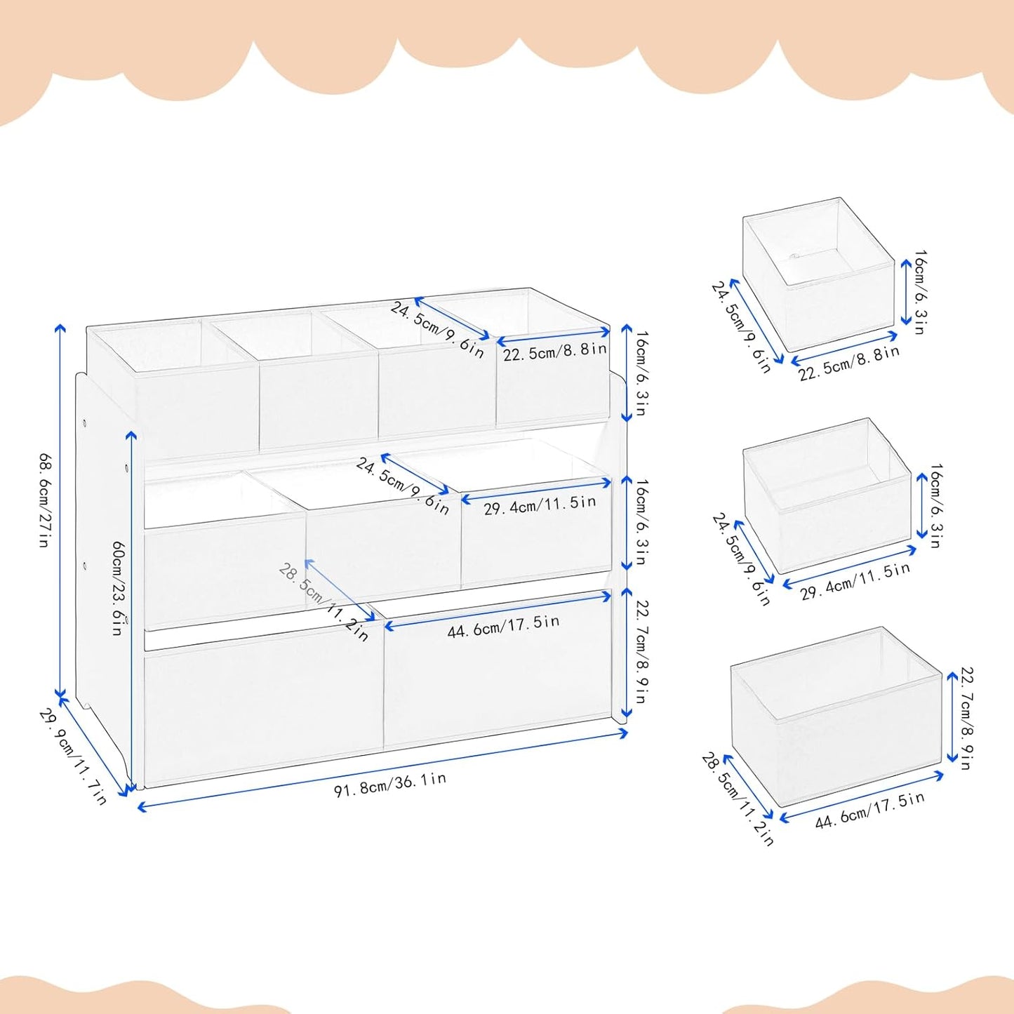 Lestarain Spielzeugregal für Kinder Weiß - Aufbewahrungsschrank mit 9 Spielzeugboxen - Kinderzimmer & Spielzimmer Organizer - 92 x 30 x 68 cm