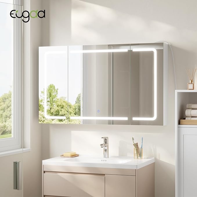 EUGAD Spiegelschrank Bad - 1 Spiegeltür - led Beleuchtung 3 Farbtemperaturen mit Steckdosen - weiß 100 x 60 x 14,5 cm