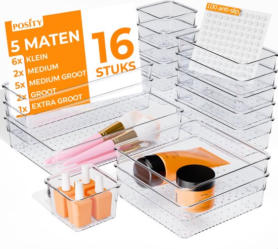 Posity Drawer Organizer - 16 Stück - Organizerschalen - Schubladenschalen - Aufbewahrungsschalen - Make-up-Organizer - Für Küche, Bad & Büro - Kunststoff - Transparent