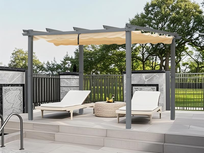 Angel Living Aluminium Pergola - Einziehbares Dach - Elegantes Design - Pavillon - Gartenlaube - mit wasser- und UV-beständigem Polyestergewebe - Beige - 3 x 3 m