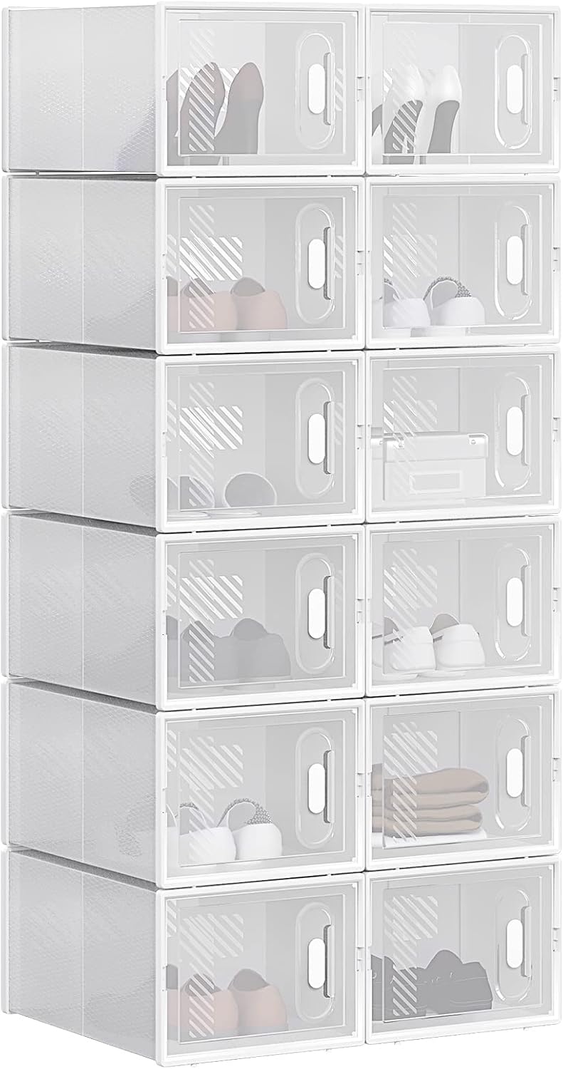Woltu Schuhkartons Transparent Weiß - 12 Stück - stapelbar & faltbar - mit Frontdeckel - 25x19x35 cm
