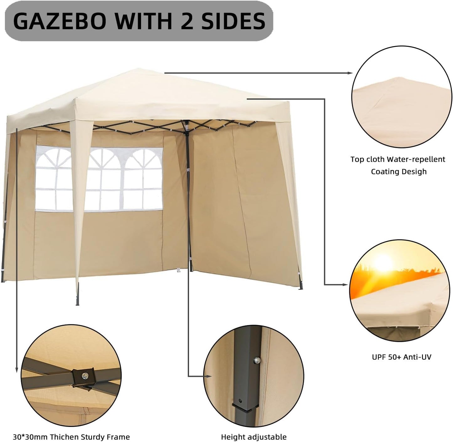 Angel Living Partyzelt - Einfacher Aufbau - Mit 2 Seitenwänden - 250 x 250 x 250 cm - Beige