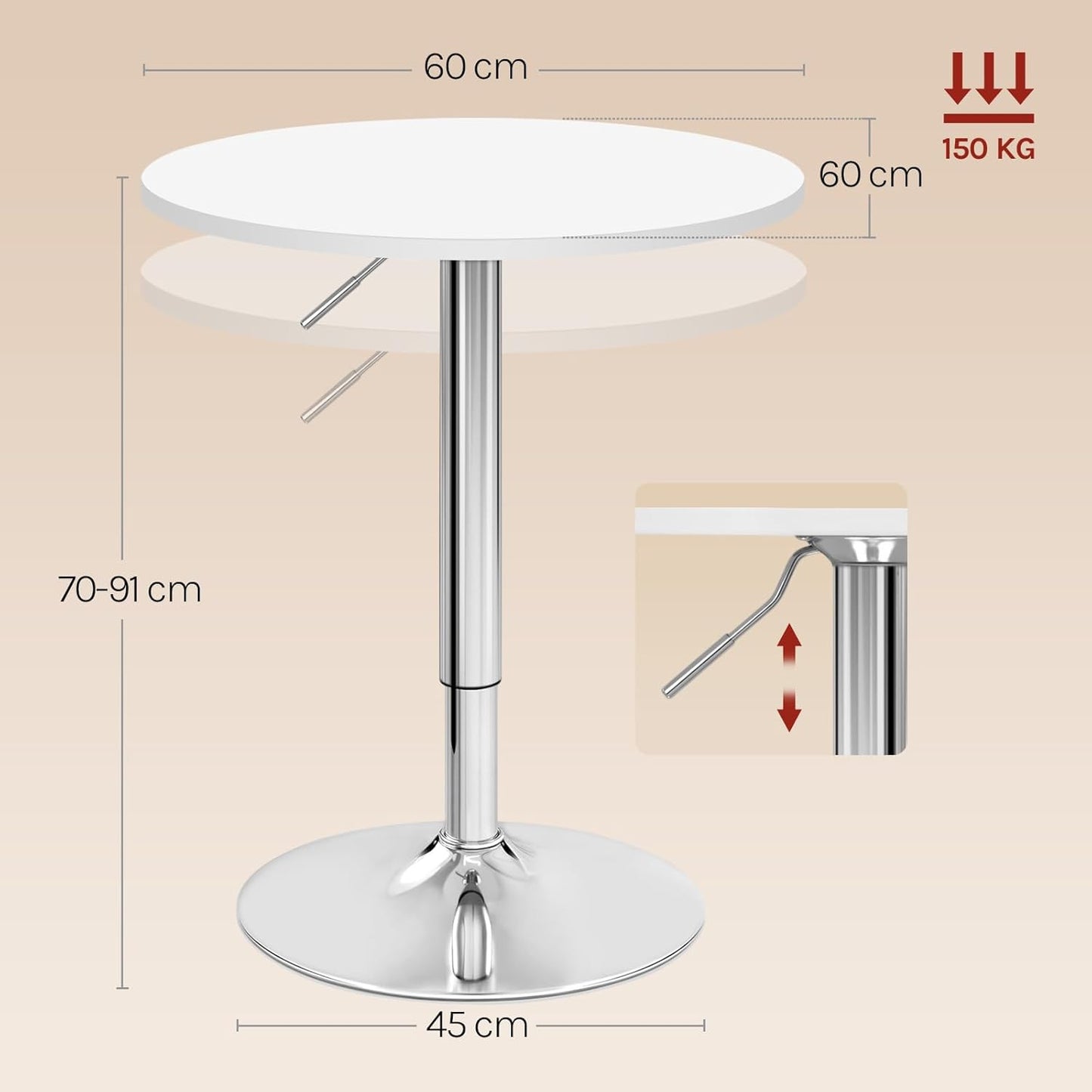 Woltu BT02ws Stehtisch verstellbar - Rund 60x60 cm - Höhe 68-88 cm - Weiß
