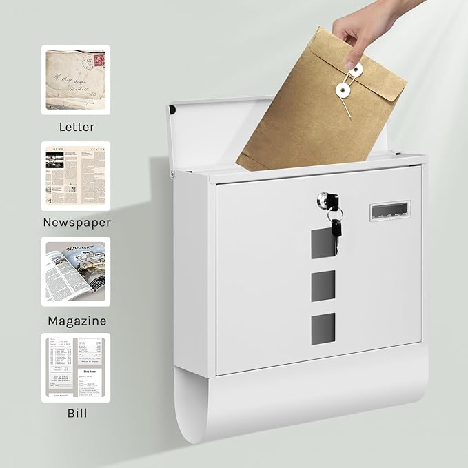 Woltu Briefkasten Weiß - mit Zeitungsbox, Sichtfenster und Namensschild - 37 x 37 x 11 cm