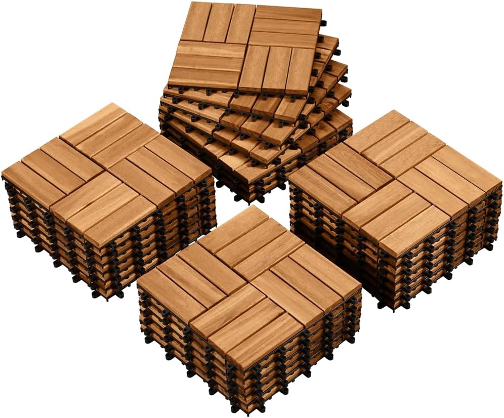 Yaheetech Akazienholz-Decking-Fliesen Hellbraun - 27 Stück - 30 x 30 cm - Wasserfeste Klick-Fliesen für Balkon, Terrasse & Garten