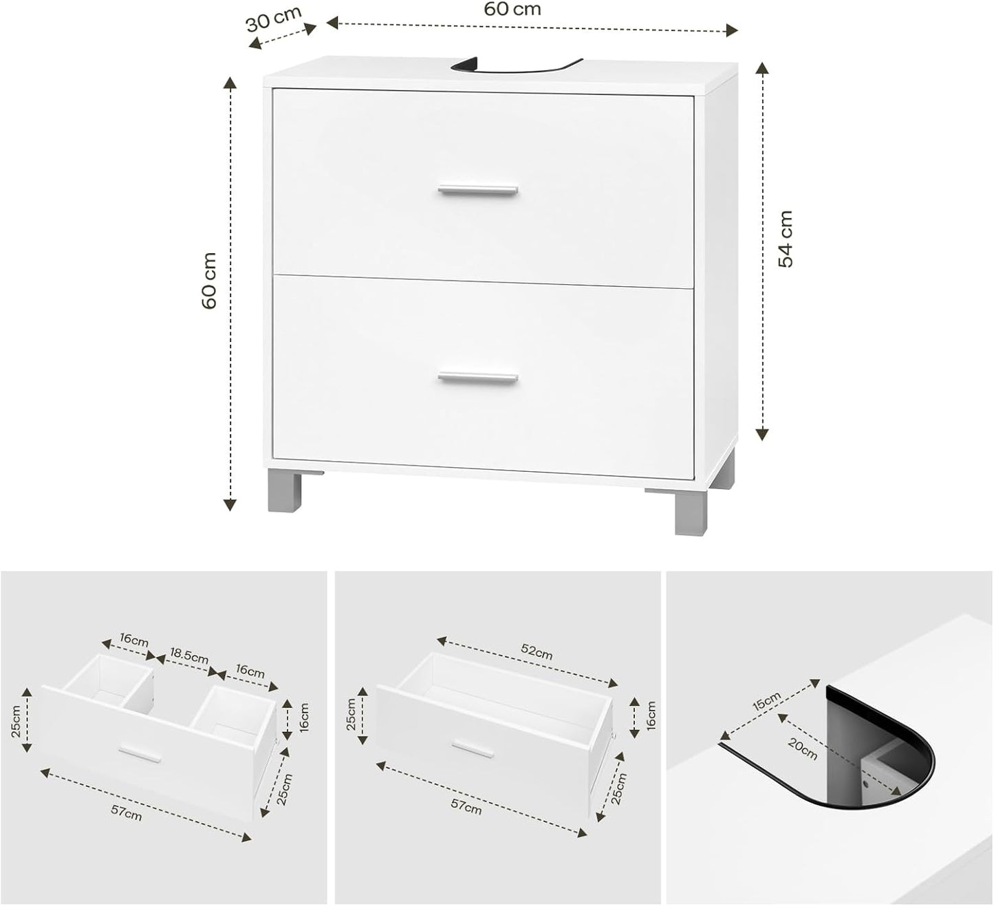 eSituro Waschbeckenunterschrank mit 2 Schubladen – Badezimmermöbel mit Siphonaussparung – Weiß – 60 x 30 x 60 cm