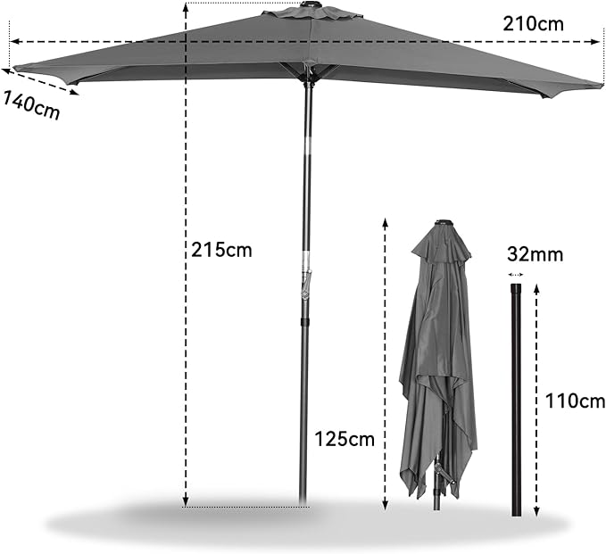 Angel Living Tuniparasol - 210 x 140 cm, mit Kurbel - kippbar - UV 50+ - rechteckig