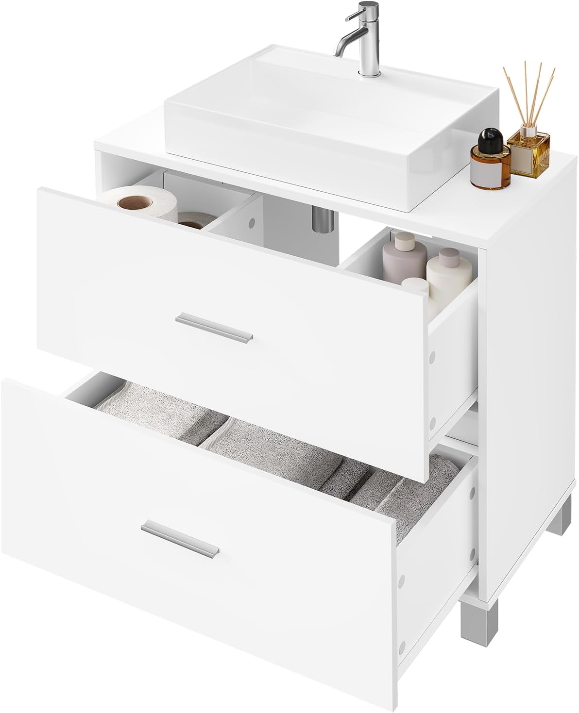 eSituro Waschbeckenunterschrank mit 2 Schubladen – Badezimmermöbel mit Siphonaussparung – Weiß – 60 x 30 x 60 cm