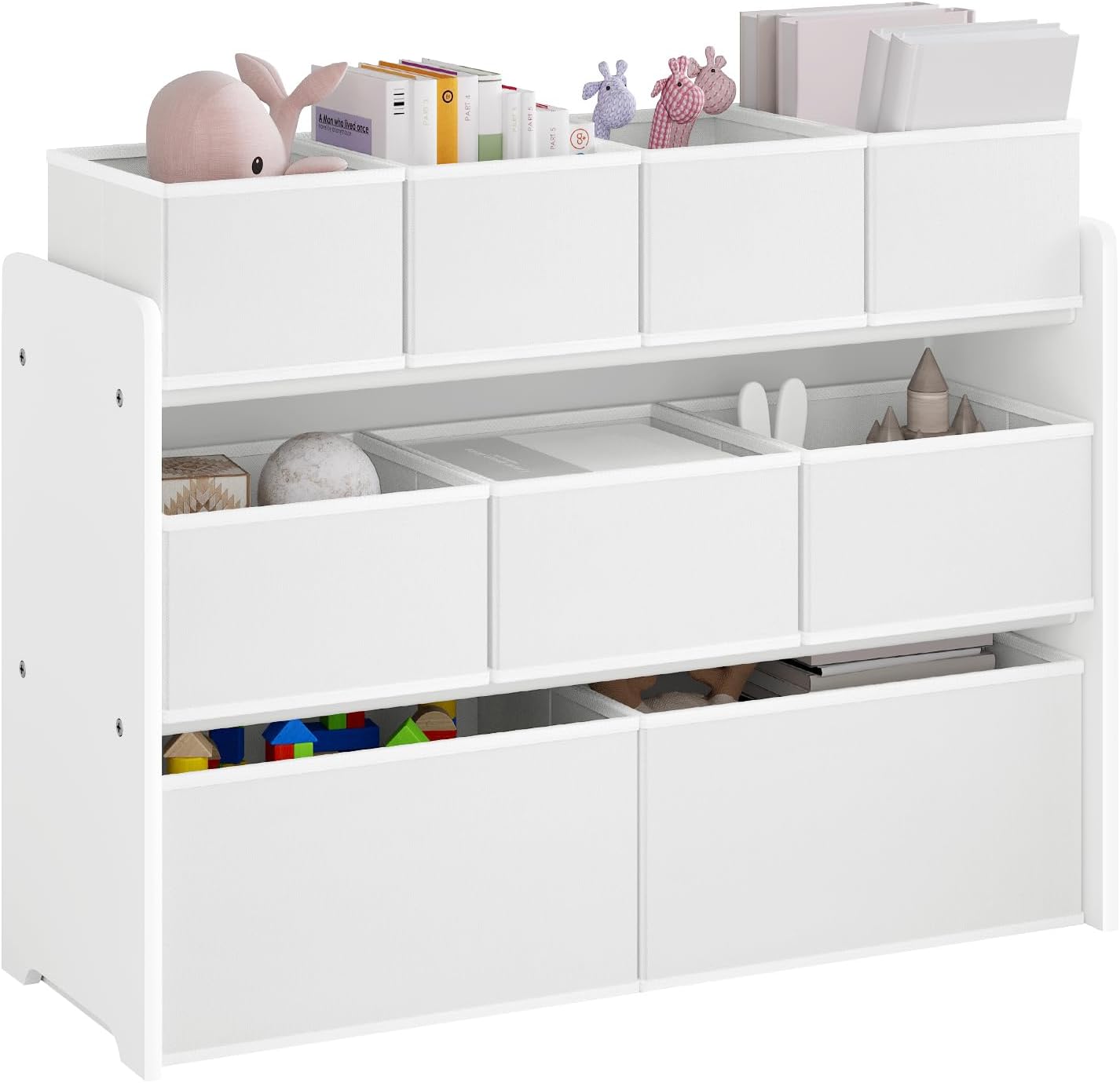 Lestarain Spielzeugregal für Kinder Weiß - Aufbewahrungsschrank mit 9 Spielzeugboxen - Kinderzimmer & Spielzimmer Organizer - 92 x 30 x 68 cm