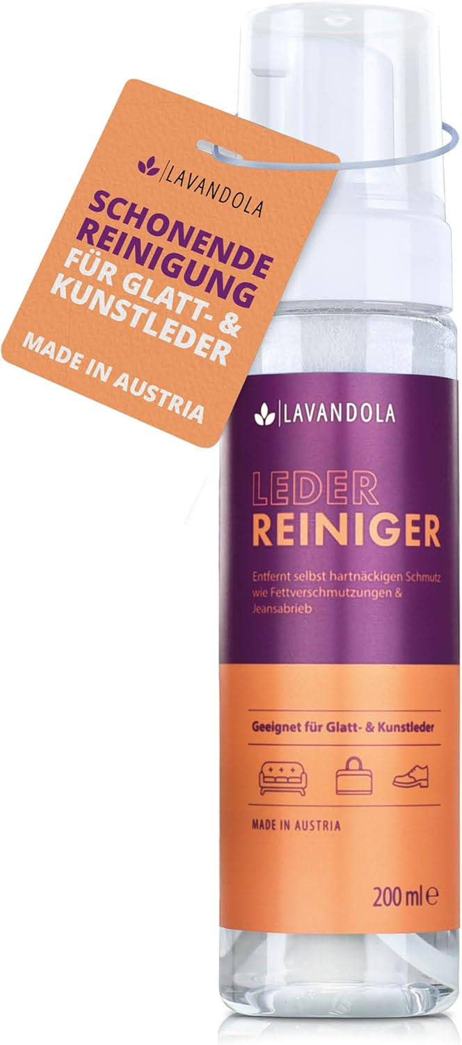 Lavandola Lederreiniger 200 ml – sanfter und wirksamer Reinigungsschaum – für Glatt- und Kunstleder – gegen hartnäckigen Schmutz – geeignet für Sofas und Ledersessel