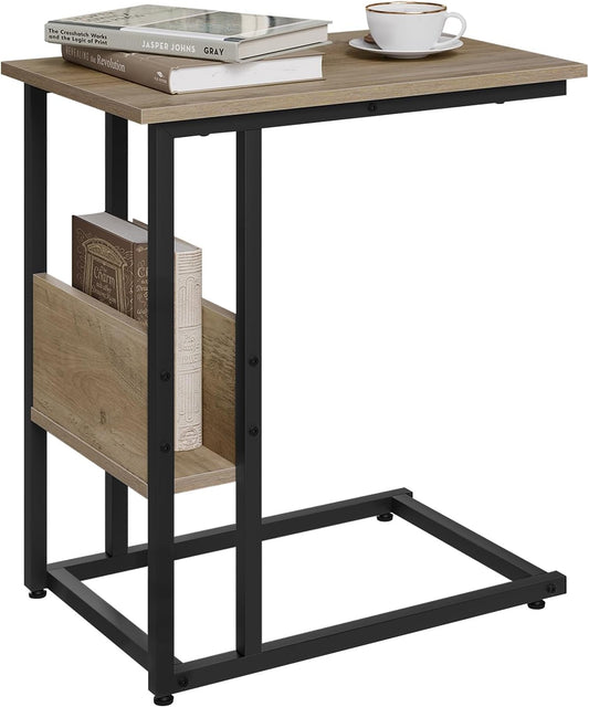 Woltu C-förmiger Beistelltisch mit Ablagegestell – graue Holzoptik – Metall – 55 x 36 x 59,5 cm