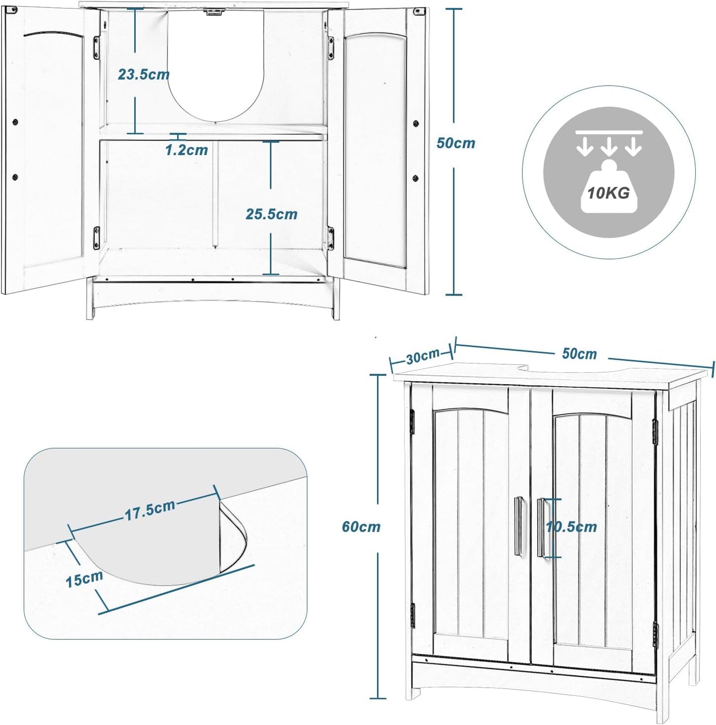 Eugad Waschtischunterschrank weiß - Badezimmerschrank mit Türen und verstellbarem Einlegeboden - 50 x 30 x 60 cm