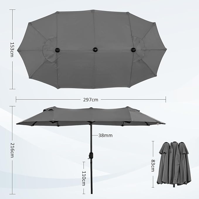 Angel Living Doppel-Sonnenschirm - 460 x 270 cm - mit Kurbel Großer Sonnenschirm Marktschirm - UPF 50+ - grau - 2.97x1.53cm