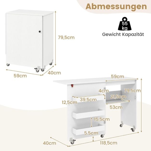 Coast Nähtisch Weiß - Zusammenklappbarer Basteltisch auf Rädern mit Stauraum und 3 versteckten Fächern - 118,5 x 40 x 79,5 cm