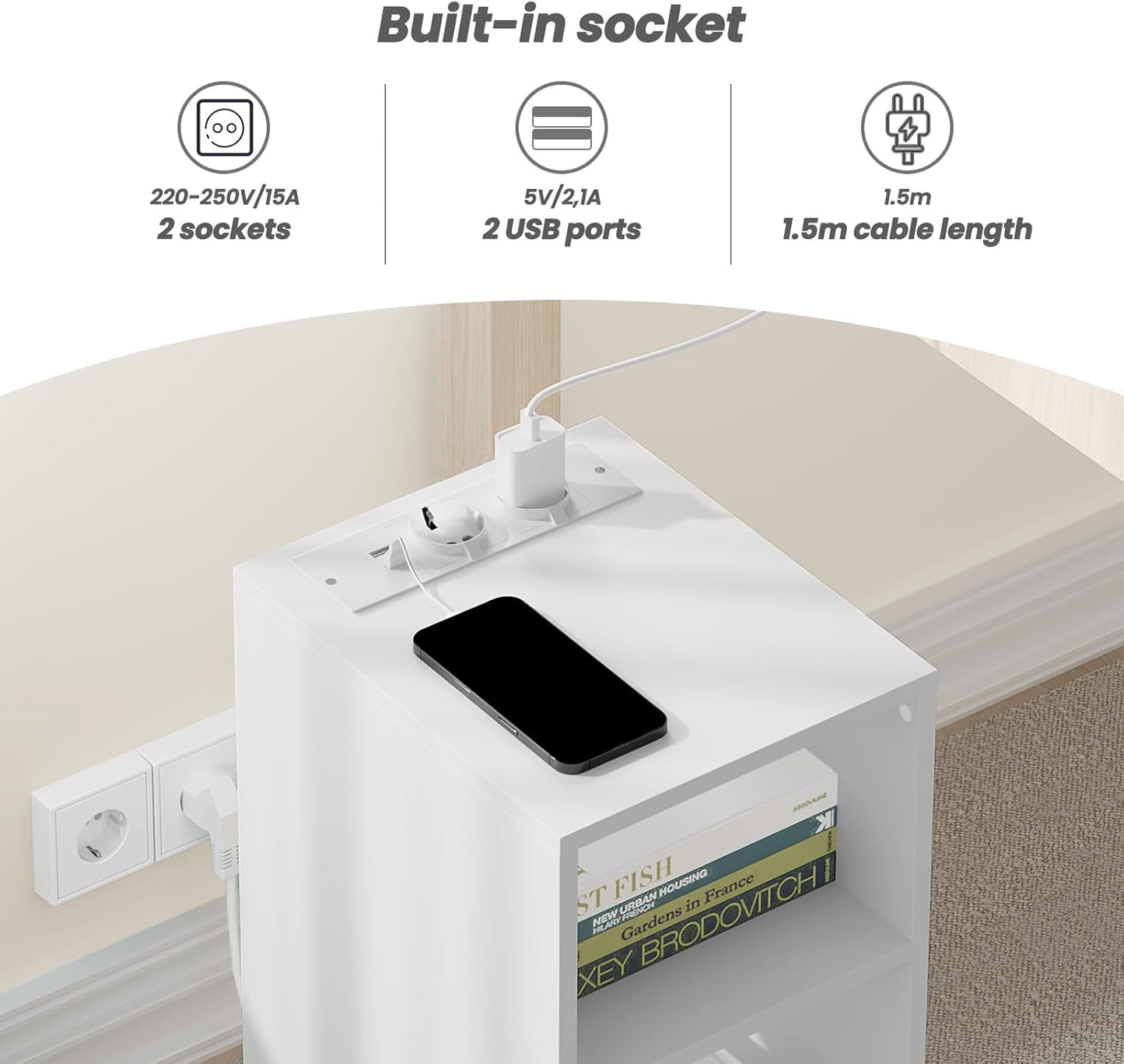 Woltu 2x Nachttisch mit USB und Steckdose - Weiß - 25 x 30 x 60 cm - Kompaktes und modernes Design