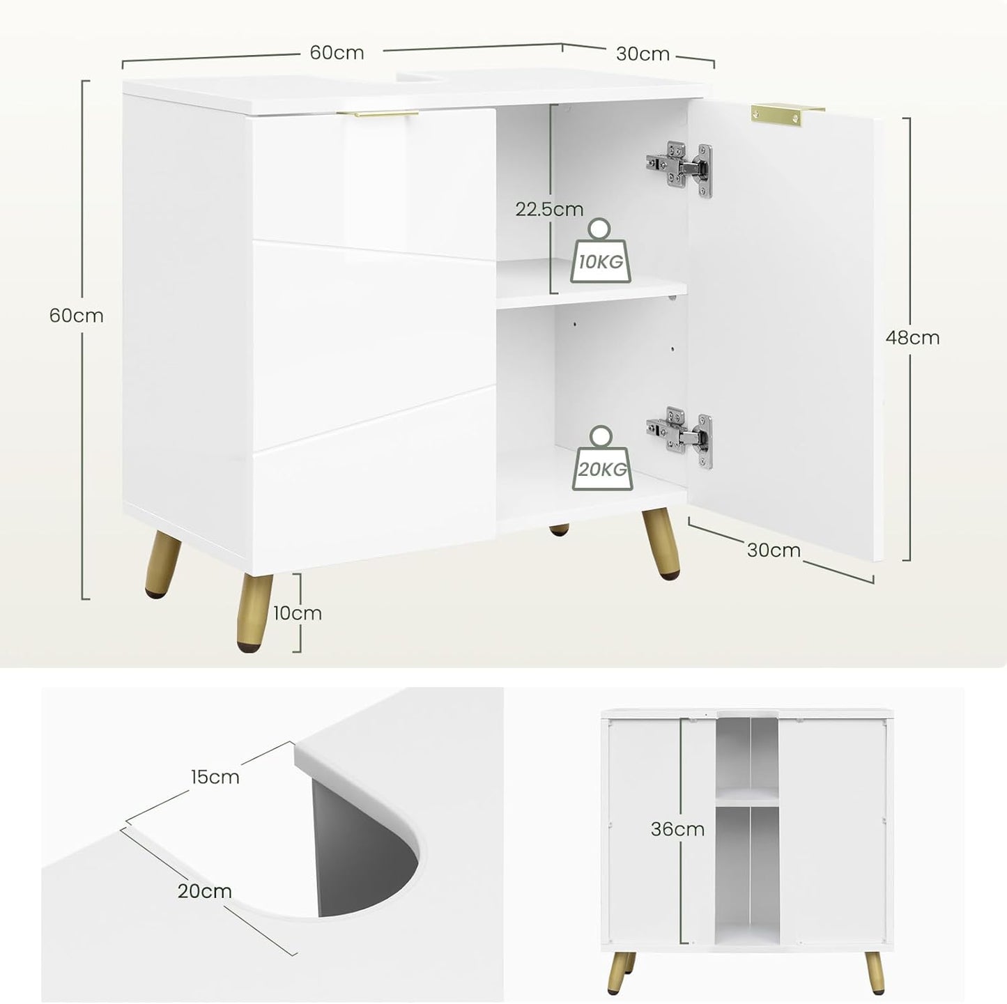 EUGAD Waschtischunterschrank, Weiß, Hochglanz – 60 x 60 x 30 cm – 2 Türen