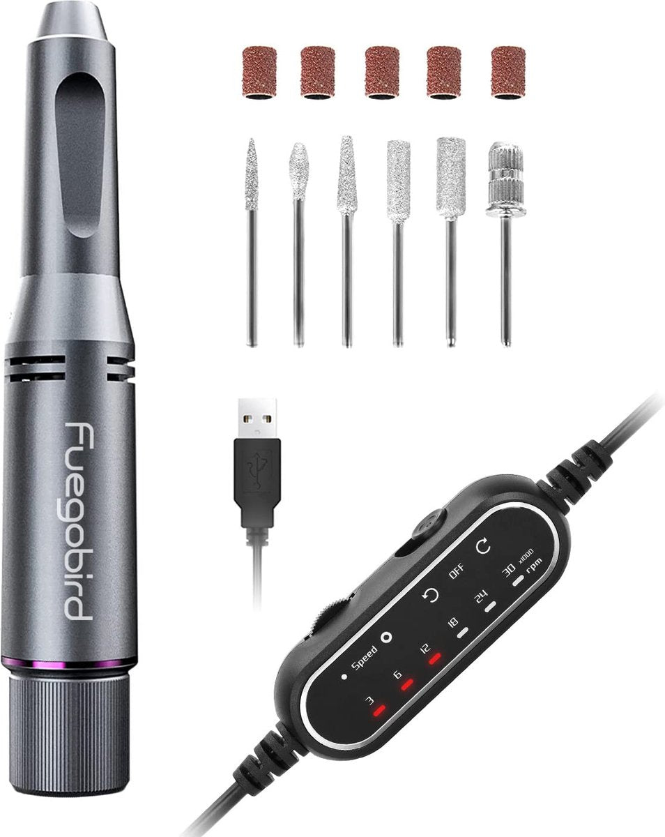 Fuegobird Elektrische Nagelfeile - Professionelle Maniküre & Pediküre Set - Kabellos - 30,000 RPM - 15 x 3.5 cm - Grau