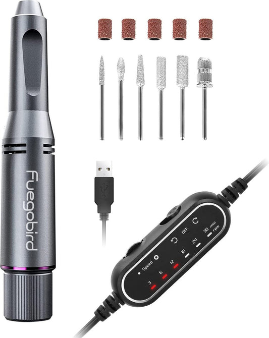 Fuegobird Elektrische Nagelfeile - Professionelle Maniküre & Pediküre Set - Kabellos - 30,000 RPM - 15 x 3.5 cm - Grau
