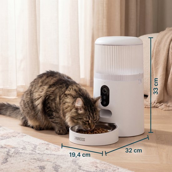 Princess Automatischer Fressnapf – HD-Kamera & Smart – 4 Liter – Katze & Hund – App-Steuerung – Geplante Fütterung – Edelstahlschüssel – Pufferbatterie – Futterautomat – Futterspender – 610045