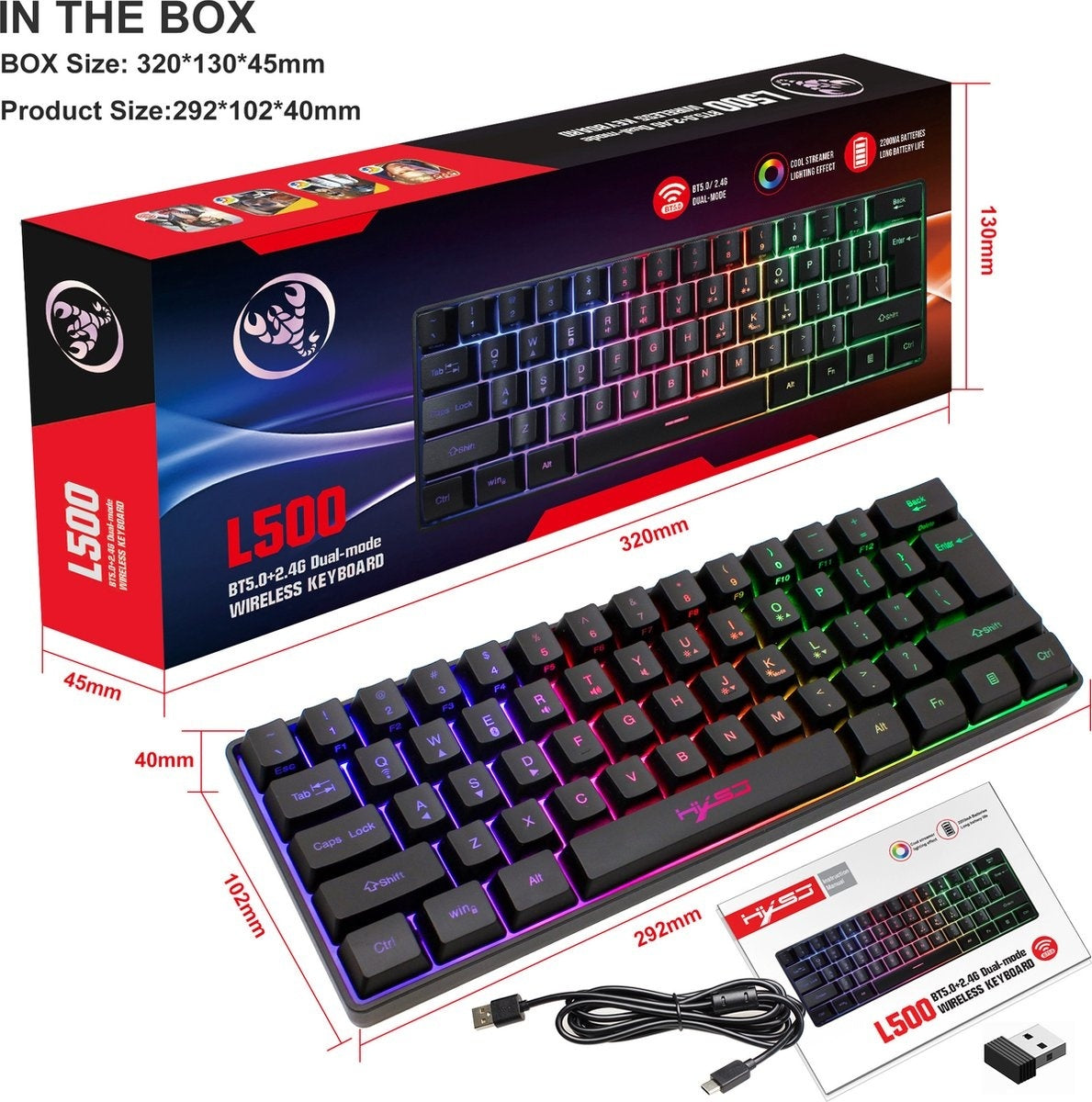 HXSJ L500 RGB Membran Wireless Gaming-Tastatur - Dual-Modus (Bluetooth / 2.4G) - 61Tasten - Qwerty