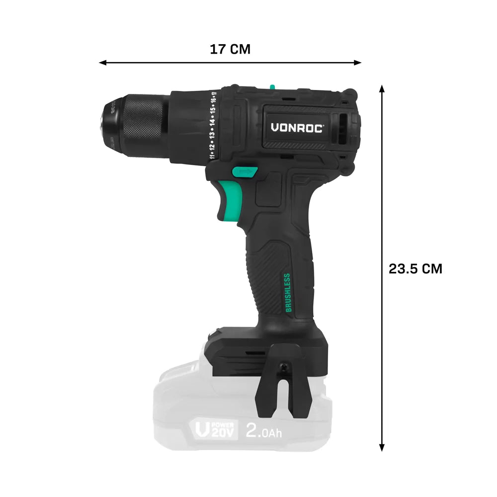 VONROC PRO Akkubohrmaschine 20V - 40 Nm - Bürstenloser Motor - 17 Schraubmodi + Bohrmodus - Inkl. 2 Bits - Ohne Akku und Schnellladegerät