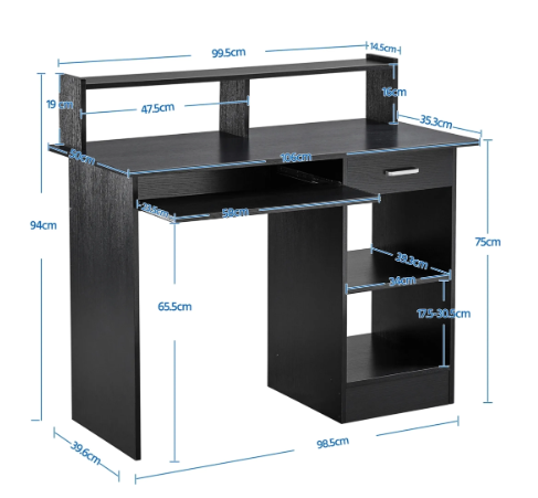 Yaheetech Schreibtisch mit Schublade – Schwarz – 106 x 50 x 94 cm – Computertisch mit Stauraum