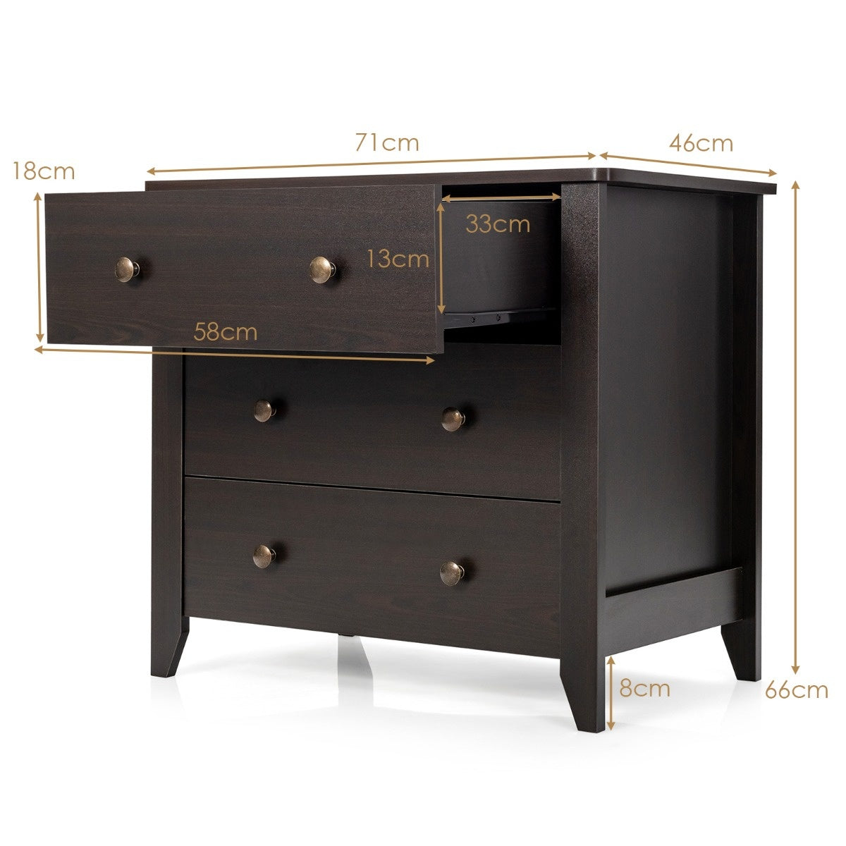 Coast Kommode mit 3 Schubladen und Griffen aus Holz Nachttisch 71 x 46 x 66 cm braun