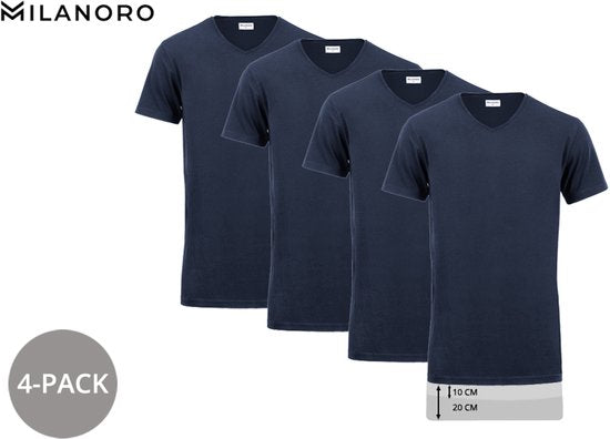 Milanoro - 4er-Pack extra lange Baumwoll-T-Shirts - Weiß - V-Ausschnitt - S