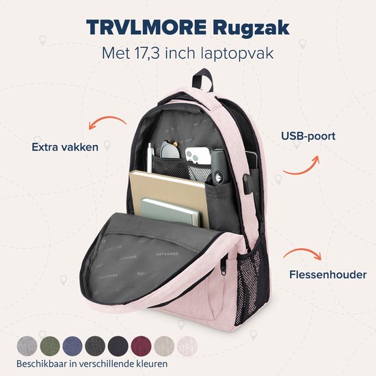 TRVLMORE Rucksack - 36L - 17.3 Zoll - Laptop-Rucksack mit USB - Schultasche - Herren und Damen - Tasche -Lebenslang - Pink