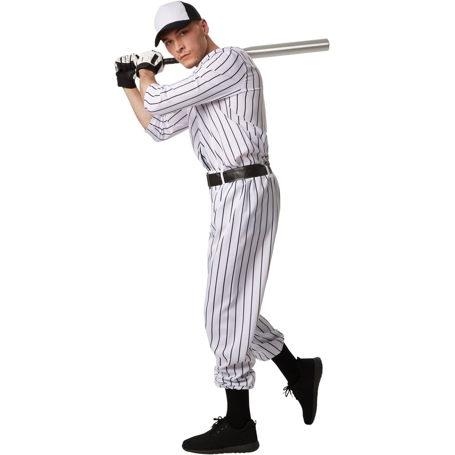 Baseball-Kostüm für Herren - Größe M - schwarz/weiß - bestehend aus Hose, Oberteil, Gürtel und Socken