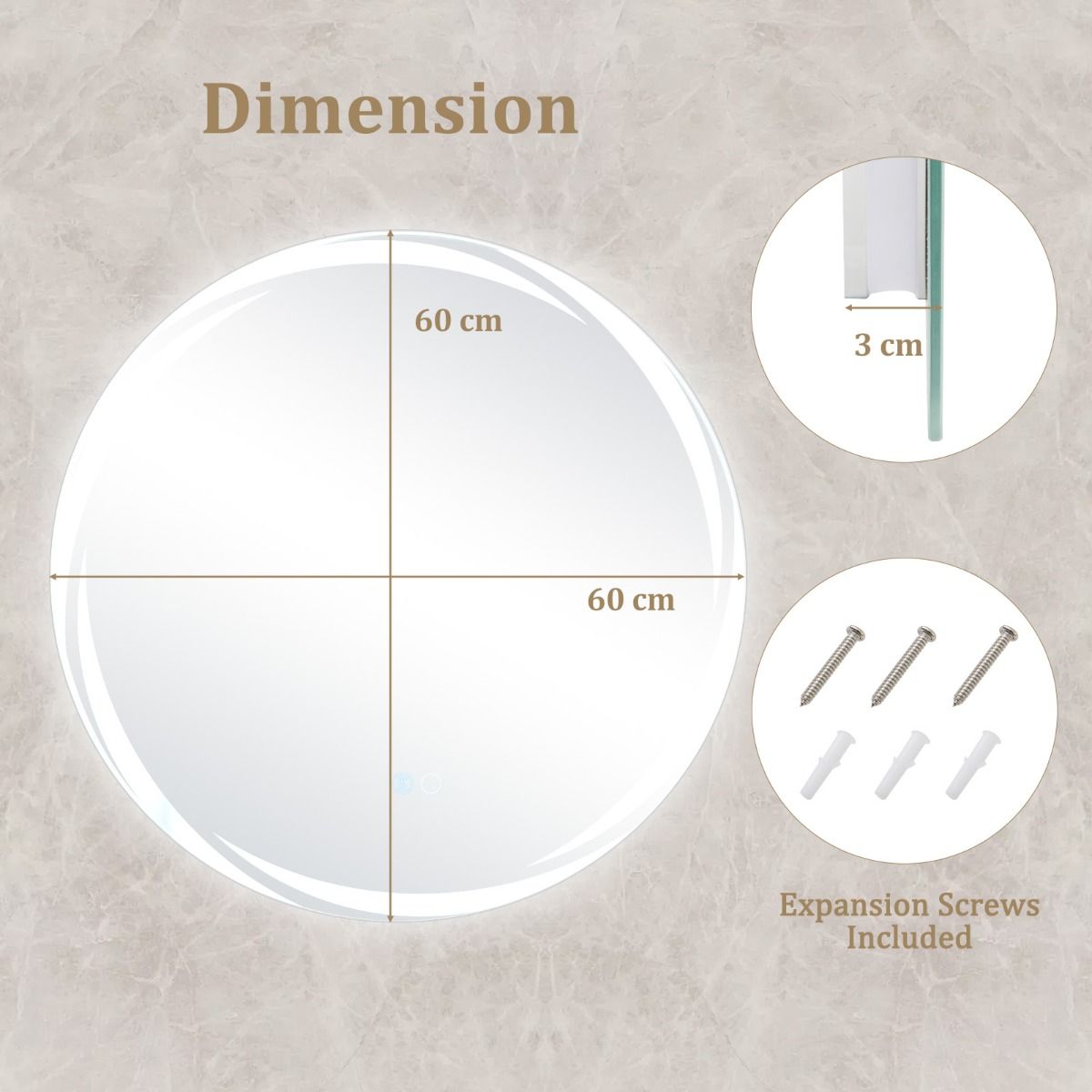 Coast 60x60 cm LED-Badezimmerspiegel Rund Silber mit dimmbarer 3-Farben-Beleuchtung, Anti-Beschlag und Memory-Funktion