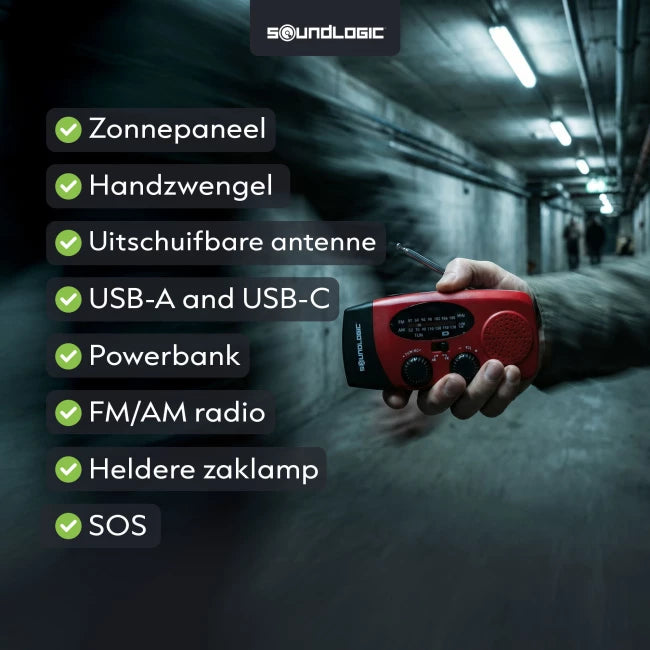 Soundlogic Solar-Notfallradio mit Handkurbel – Powerbank 2000 mAh, Taschenlampe und SOS-Funktion – Rot – 13 × 4,7 × 6,6 cm