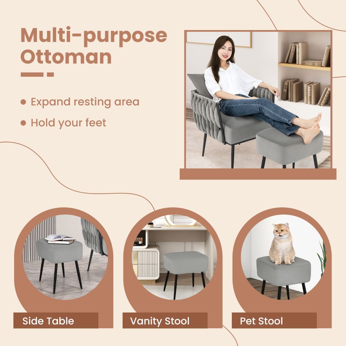 coast Modern Dutch Velvet Side Chair and Footstool Set - Grau - 66x65x80 cm | 46x35x45,5 cm