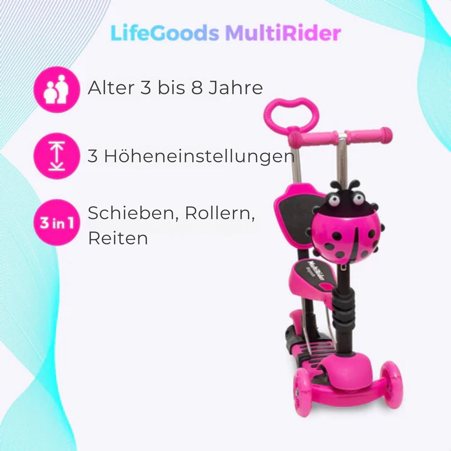 LifeGoods MultiRider - Mit Lenker - 3 -8 Jahre - Jungen/Mädchen - 3 leuchtende Räder - Pink
