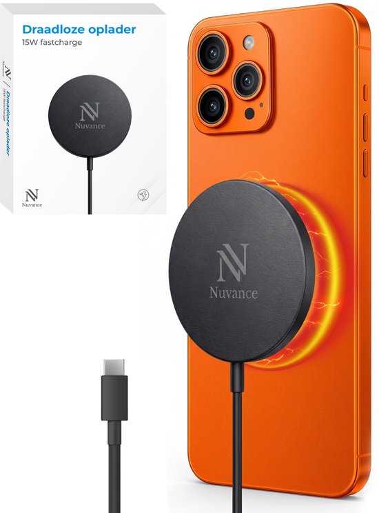 Nuvance Kabelloses Ladegerät 15 W – Kabelloses Ladegerät – Kompatibel mit MagSafe – USB-C – Schnellladegerät – Wireless Charger – Schwarz